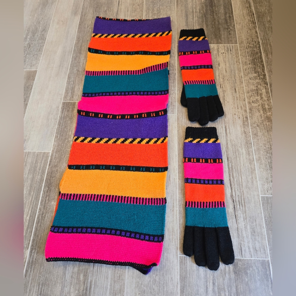 Vintage Gitano 100% Acrylic Multi-color Knit Scarf And Gloves Set